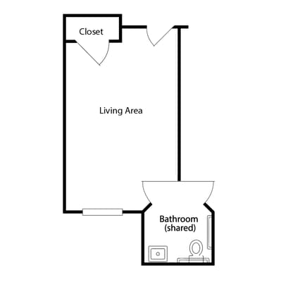 Architectural floor plan of a living area and shared bathroom