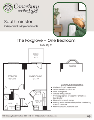 Floor plan of a one-bedroom apartment at Canterbury-on-the-Lake