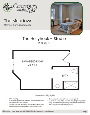 Architectural floor plan of a memory care apartment