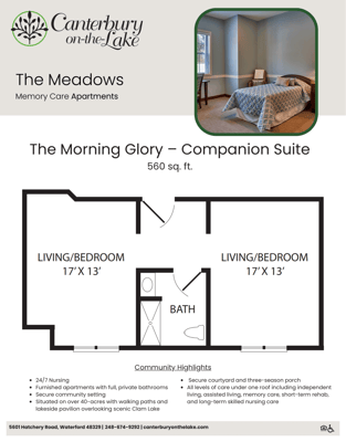 Architectural floor plan of a memory care suite