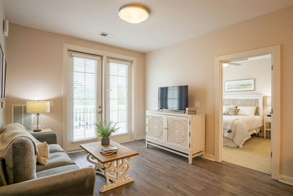 Cozy living area in a resident's suite