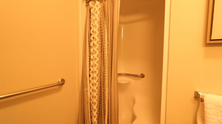 Shower area with curtain in a senior living facility bathroom