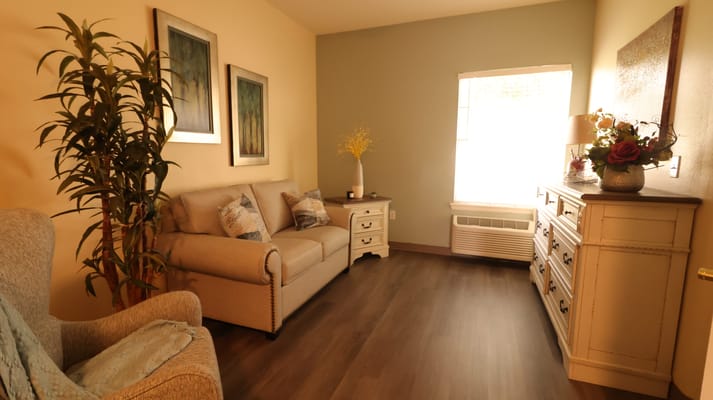 Inviting living room with a sofa, side chair, and decorative elements.