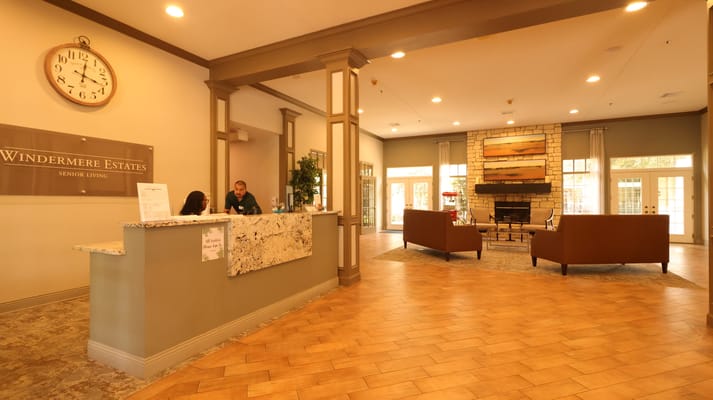 Reception desk and seating area at Windermere Estates Senior Living