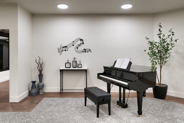 A black piano in a modern interior space