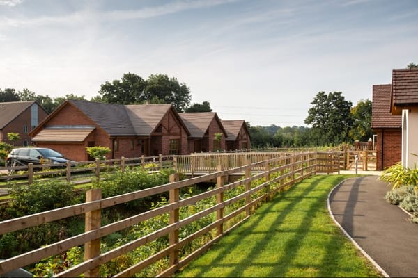 Pathway leading to residential buildings in a serene setting