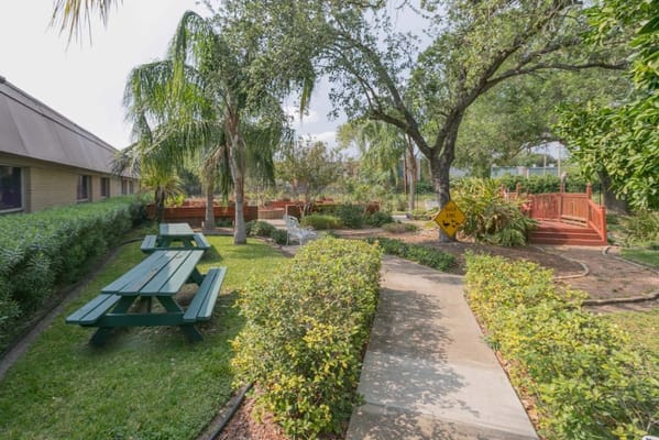 Serene outdoor garden area with seating and pathways