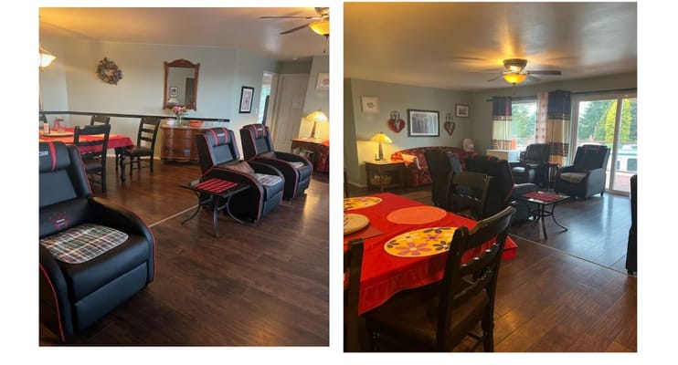 Cozy living and dining area with seating and decorations