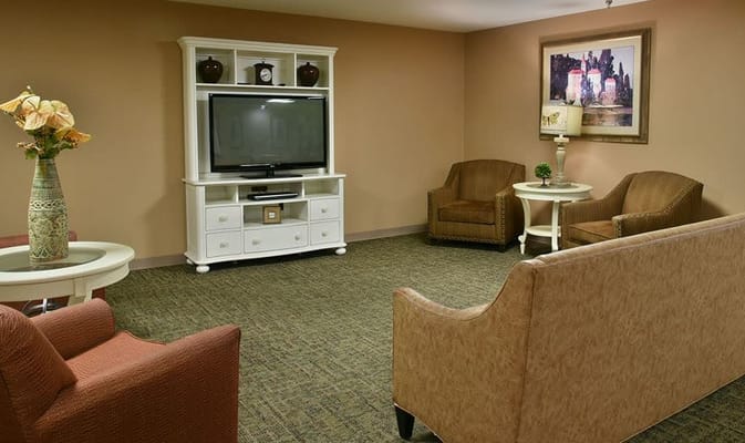 A cozy living room with comfortable seating, a television, and decorative elements.