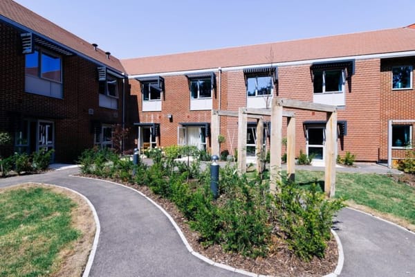 Outdoor garden area with walking paths