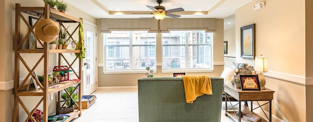 Bright interior common area with seating and decor