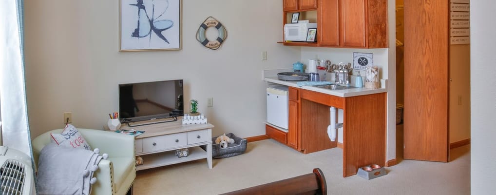 Living room with a TV, couch, and kitchenette in a senior living apartment.
