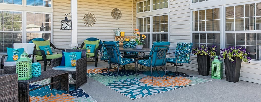 Bright outdoor seating area with colorful decor