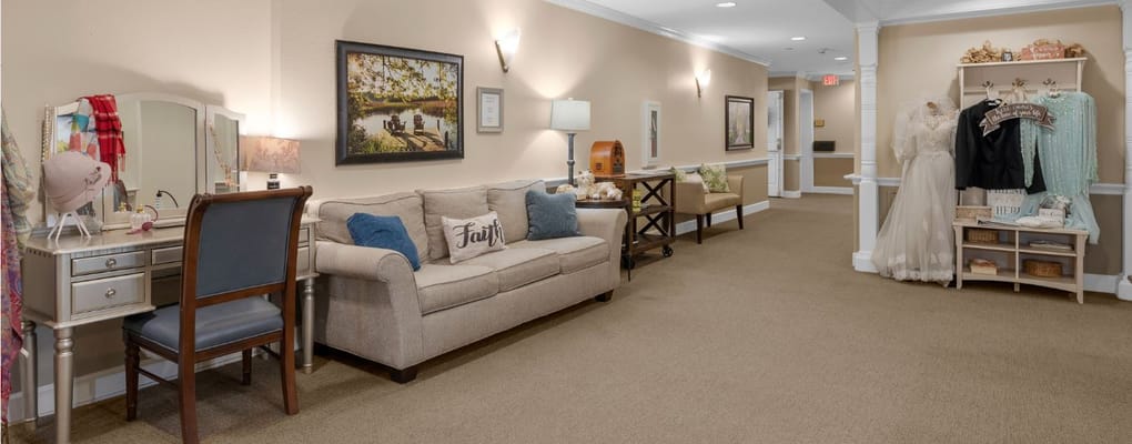 Bright common area with seating and decor
