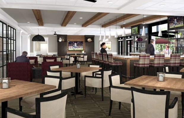 Interior common area with seating and a bar