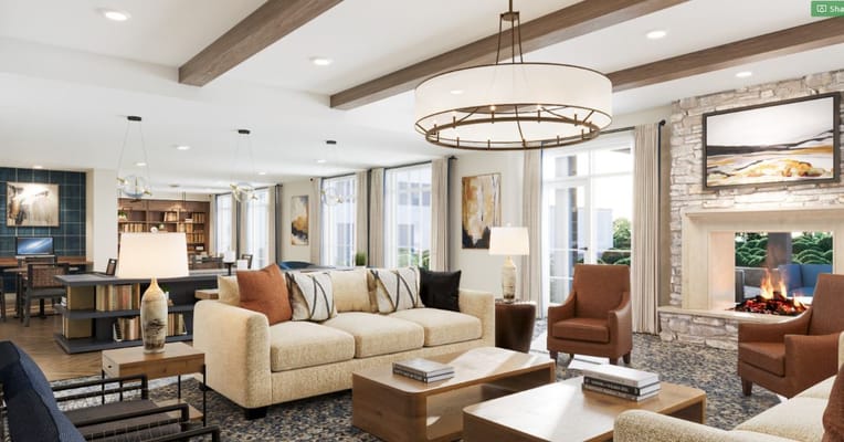 Common area with comfortable seating and a fireplace