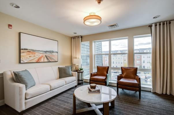 Bright and inviting common area with seating