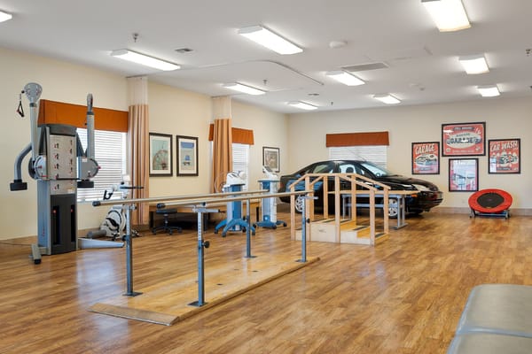 A therapy room featuring workout equipment and light wood flooring.