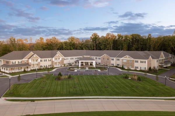 Aerial view of Brunswick Danbury senior living facility with landscaped grounds.