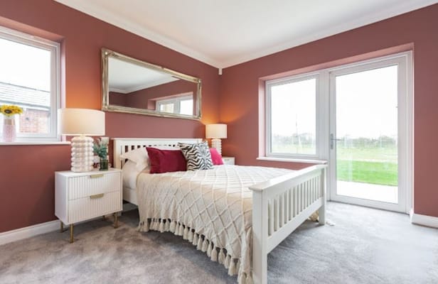 Brightly decorated interior bedroom with natural light