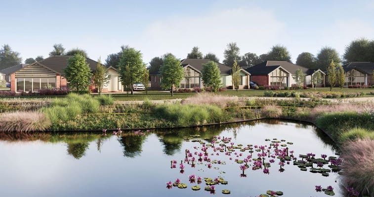 Scenic view of outdoor spaces with cottages and a pond