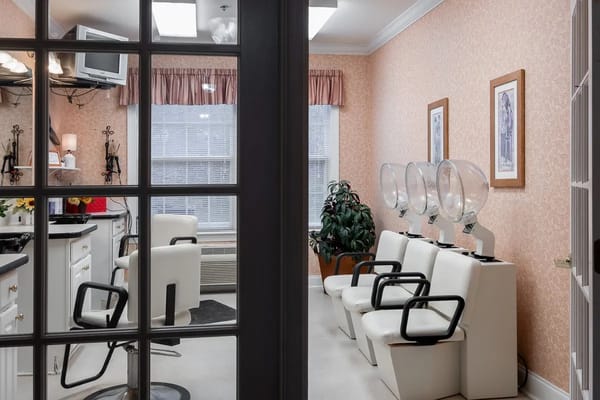 Interior view of the salon with styling chairs and hairdryers