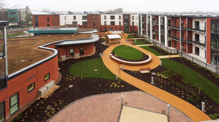 Aerial view of the courtyard at Cecil Gardens with pathways and greenery.