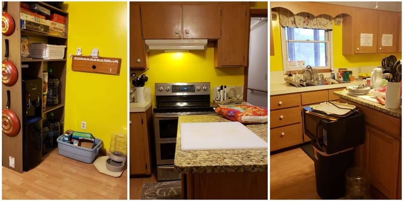 Brightly colored kitchen with appliances and storage