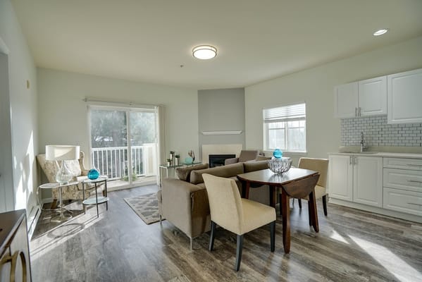 A stylish living area in a resident room