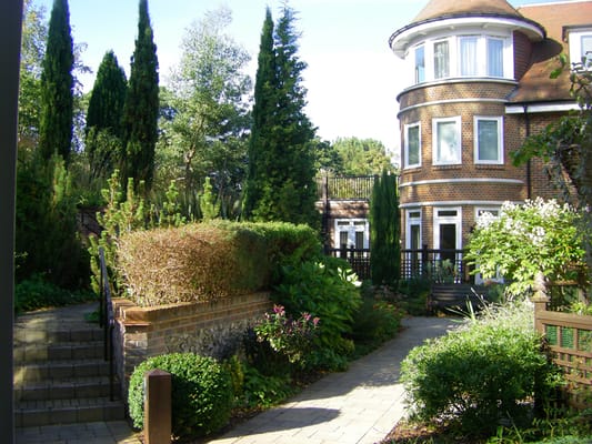 Exterior view of a landscaped area around a facility