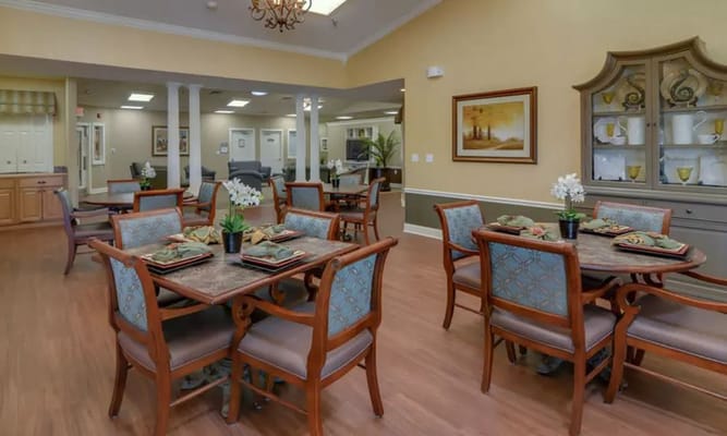 Elegant dining area with tables set for meals