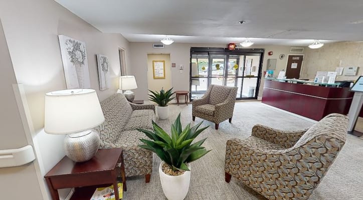 Common area of a senior living facility with seating