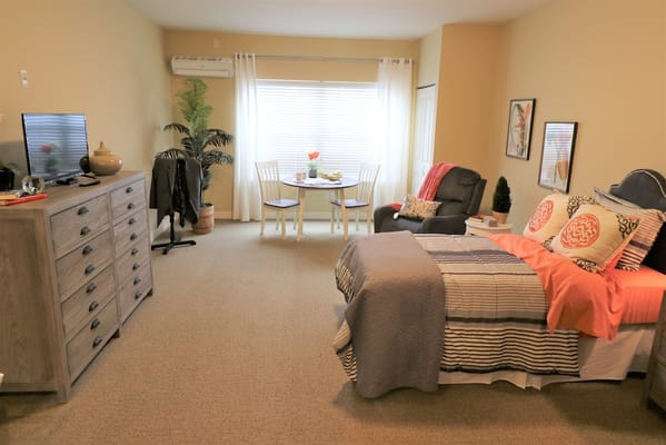 Cozy senior living room with a bed and dining area