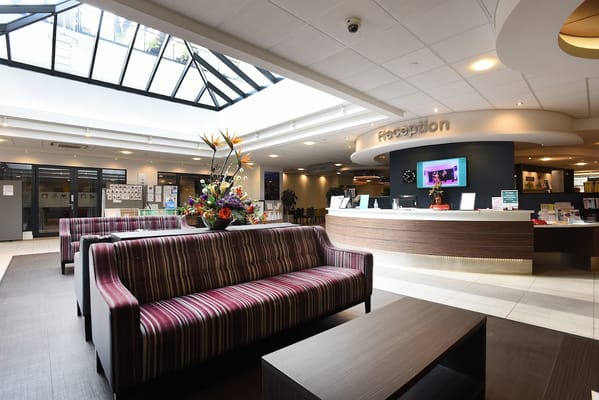 Bright reception area with striped sofas and floral arrangement
