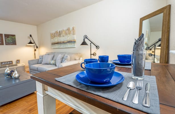 Dining setup in a cozy living room with blue dishware