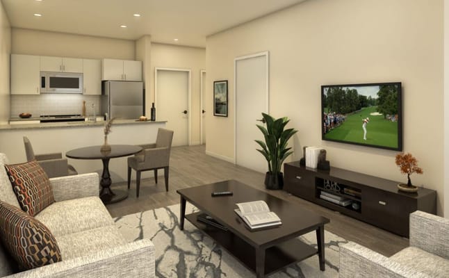 Bright and modern living room with a kitchen area and TV