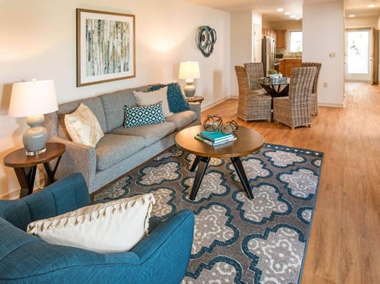 A well-furnished common area in a senior living facility