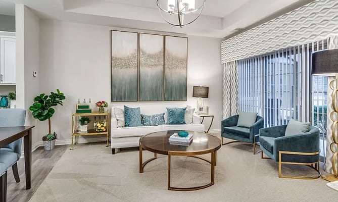 Spacious living room with modern decor and comfortable seating