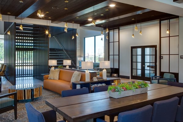 Modern lounge area with comfortable seating and decor