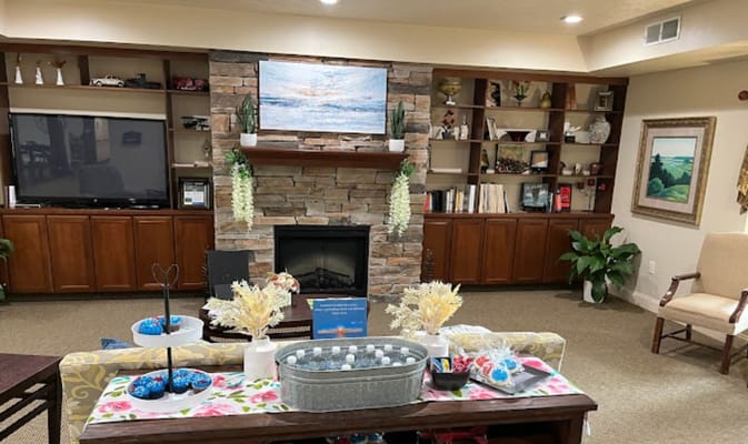 Cozy common area with fireplace and decor