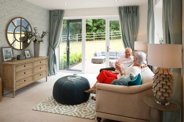 Residents enjoying conversation in a cozy lounge area