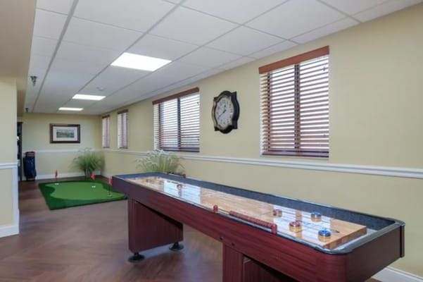 Indoor game area featuring a shuffleboard and putting green