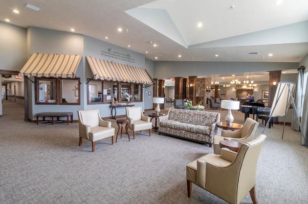 Cozy lobby area with seating and decorative accents