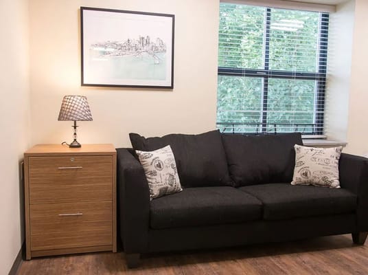 Black sofa with decorative pillows and a lamp next to a cabinet, with a window showing greenery outside.