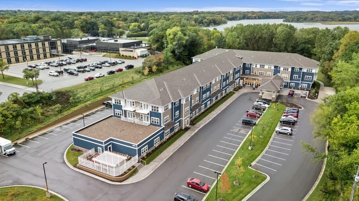 Aerial view of Harrison Bay Senior Living facility and surroundings