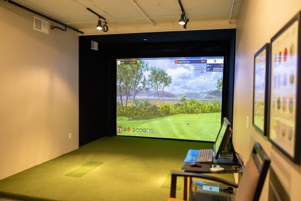 Indoor golfing simulation area with a turf floor and screen