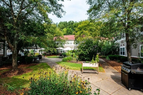 Lush courtyard with seating and greenery at Hawthorne Woods