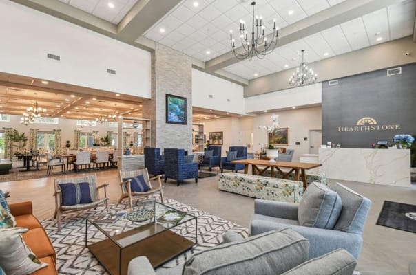 Bright and welcoming common area with seating and decor