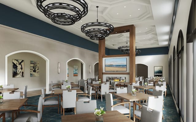 Bright dining room with modern decor and tables