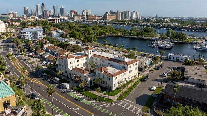 Aerial view of Hudson Manor Assisted Living facility along the waterfront
